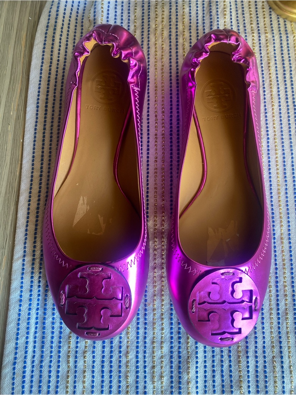Tory Burch Metallic Fuchsia Leather Reva Ballet Flats Sz 6.5M